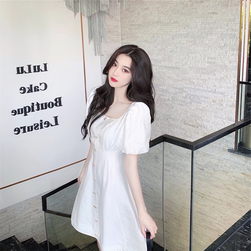 #Sisjuly# Dress Lengan Puff Niche Prancis Putih Wanita