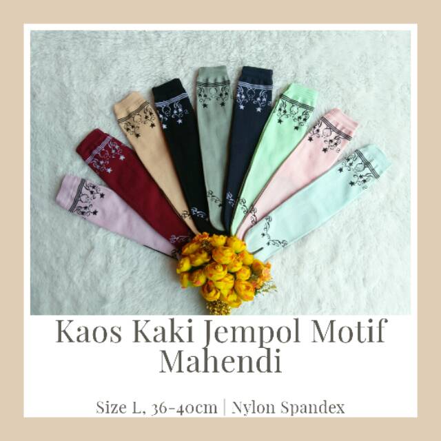 Kaos Kaki Jempol Wanita Muslimah Motif Mahendi (Nylon Spandex, Tapak Hitam, Size L, Panjang, Murah)