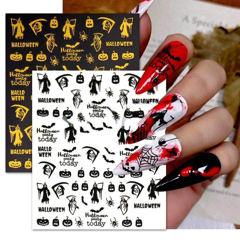 AUGUSTINA Agustina Halloween Stiker Kuku Set 3D 9pcs Dekorasi Kuku Labu Kuku Salon Spider Manicuring Sticker