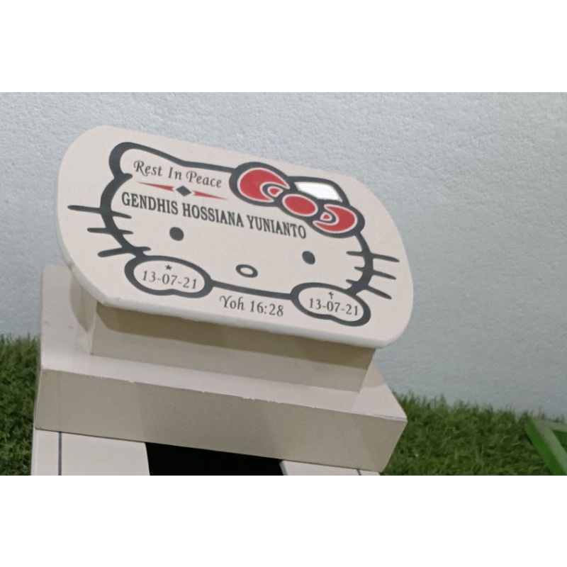 BATU NISAN MAKAM JAHUL ANAK KARAKTER MOTIF HELLO KITTY GRANIT TILE + PACKING KAYU