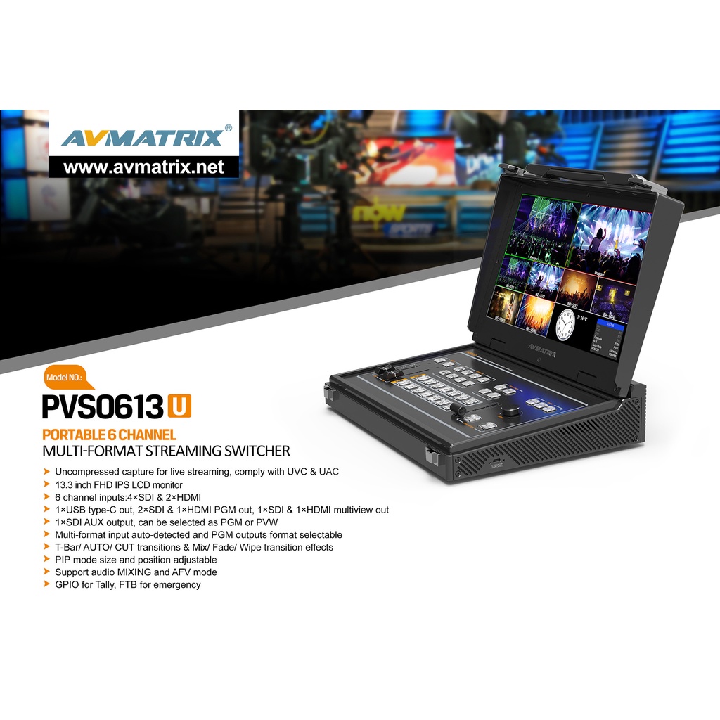 AVMATRIX PVS0613U Portable 6-Ch SDI/HDMI Multi-Format Streaming Switcher with 13.3&quot; Display