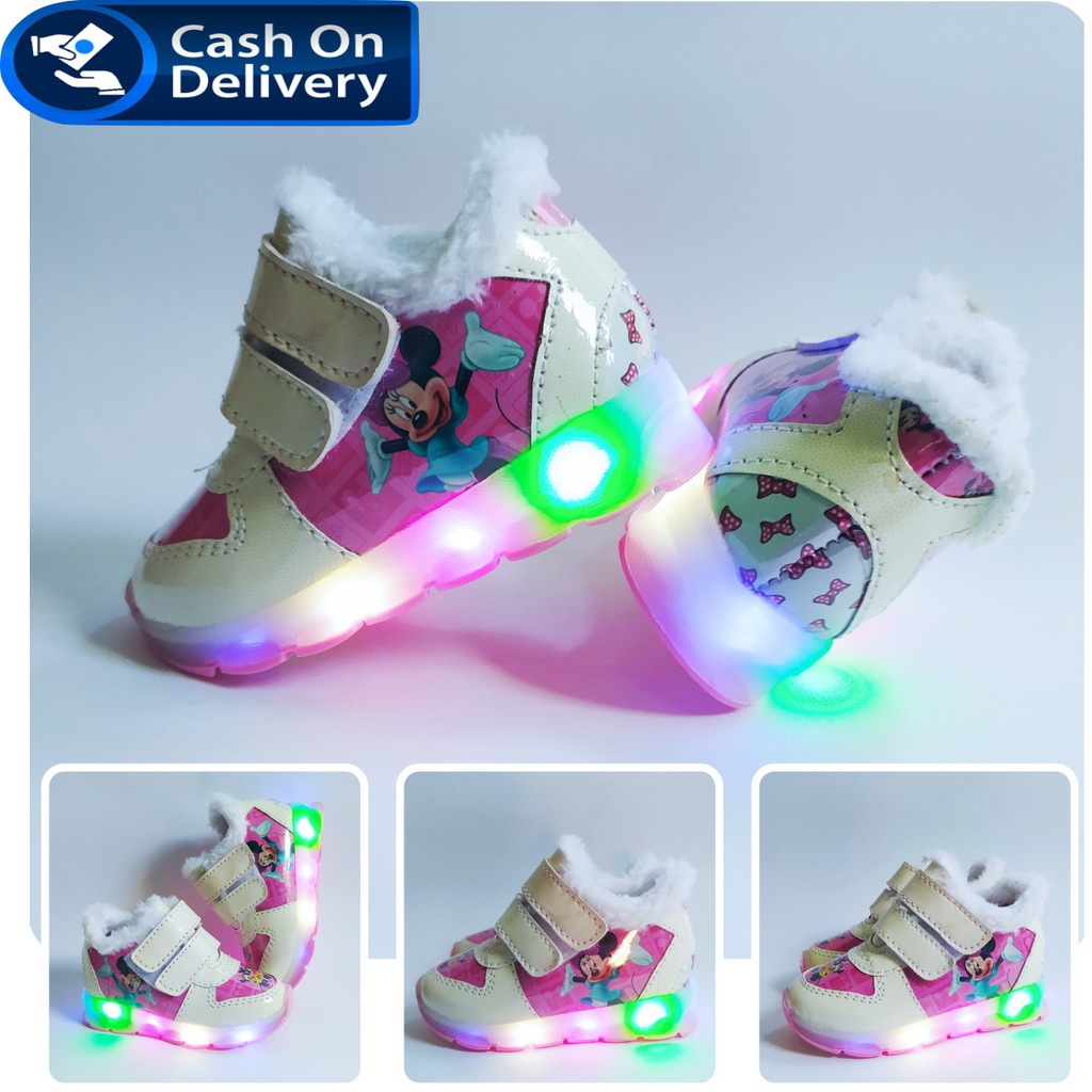 Sepatu Sneakers Anak Perempuan LED MICKEY Boot bulu / Sneakers Anak MENYALA Best Seller