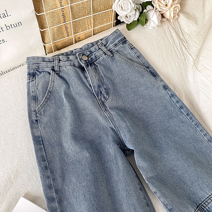 Bordir Smile Kekinian/Biru Boyfriend Highwaist Loose Celana Jeans Panjang Wanita (realpict)