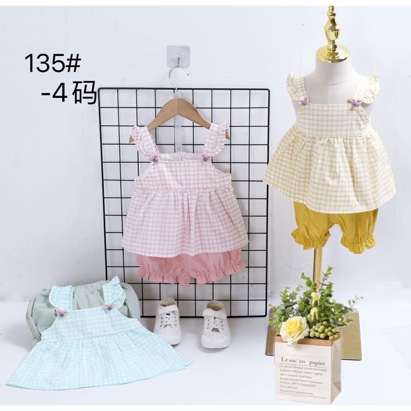 Setelan fashion import anak motif kotak / stl004 / celana karet premium buntung / set kaos rompi anak