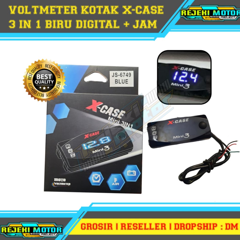 VOLTMETER VOLMETER KOTAK X CASE 3 IN 1 BIRU + JAM DIGITAL