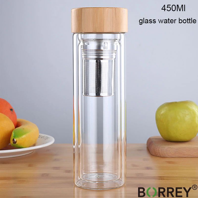 Botol kotak wadah tempat air minum kaca estetik/ Tumbler dengan pengaringan/ infuser filter 450 ml