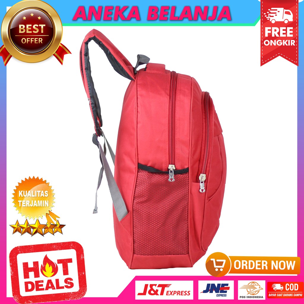 ANEKA - Tas Ransel Pria Wanita Fashionable Polo Classic Merah Elegant Bonus Jas Hujan Backpack Cowok Cewek Keren Sekolah Kuliah Kerja Murah Bahan Tebal Kualitas Import