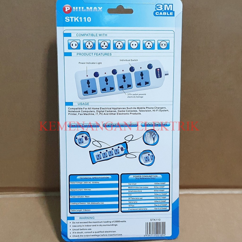 PHILMAX STOP KONTAK 4 LUBANG / COLOKAN KABEL 4 SOCKET + SWITCH / SAKLAR KABEL 3M STOPKONTAK 3 METER / COLOKAN LAMPU MASING MASING SWITCH 4 LOBANG 3METER