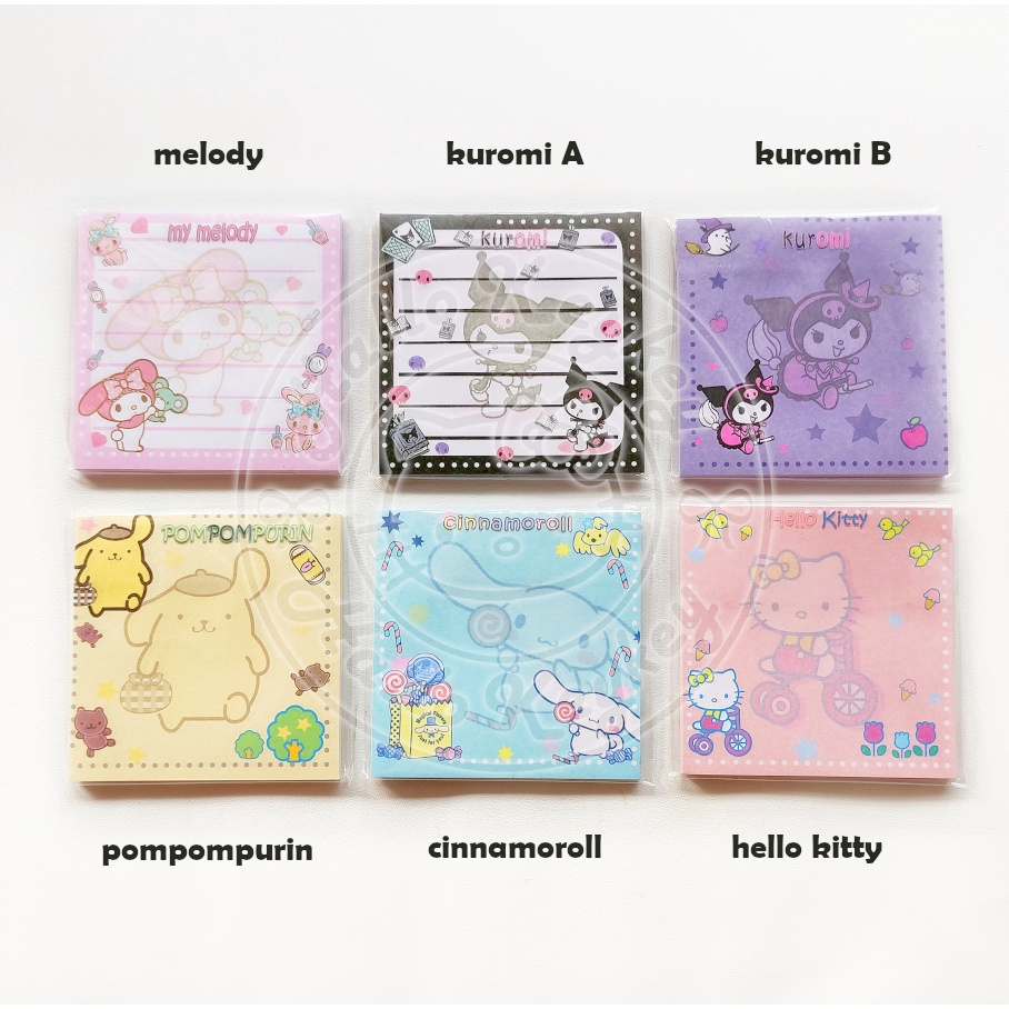 

kertas note memo hello kitty melody kuromi pompompurin cinnamoroll