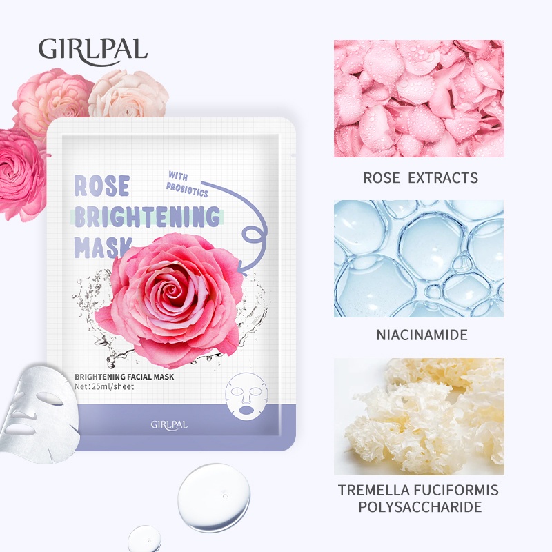 GIRLPAL BRIGHTENING FACIAL MASK Rose Moisturizing Face Mask Brightening Face Sheet Mask Masker Wajah Facial Skincare