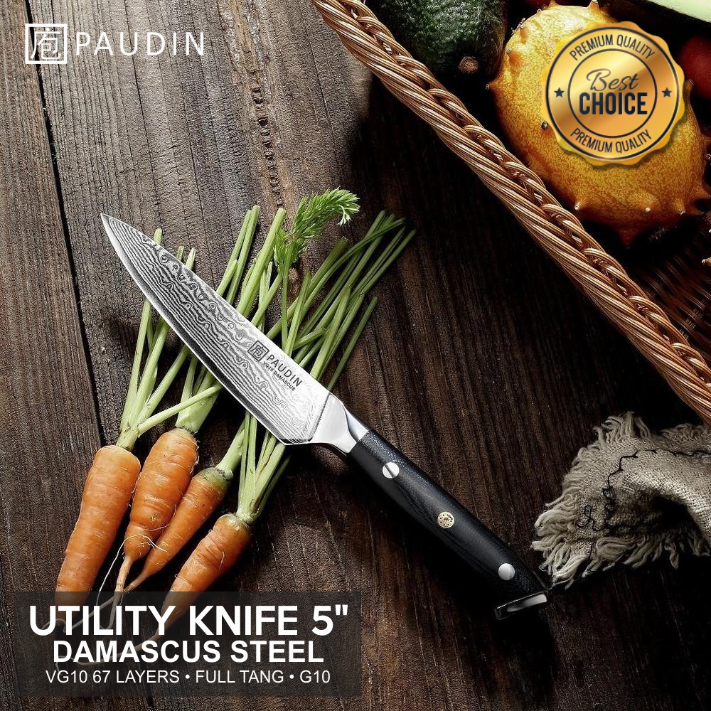 Pisau Dapur Paudin C6 Premium Kitchen Utility Knife 5 Inch 67 Layers VG10 Damascus Steel Full Tang G