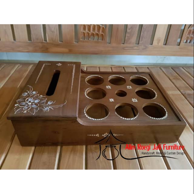 Set Tempat Aqua dan Tempat Tisu Cukit, Tempat Aqua Jati, Tempat Aqua Hias, Tempat Aqua Gelas