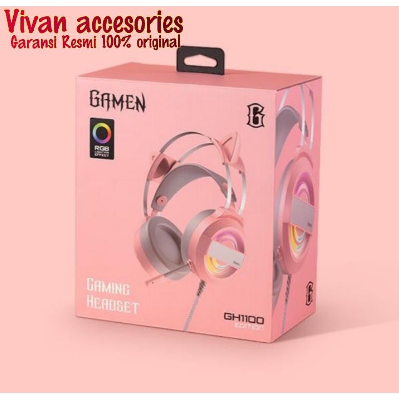 Gamen GH1100 Headset Earphone Headphone Gaming cat Ear Pink LED RGB Wired pink