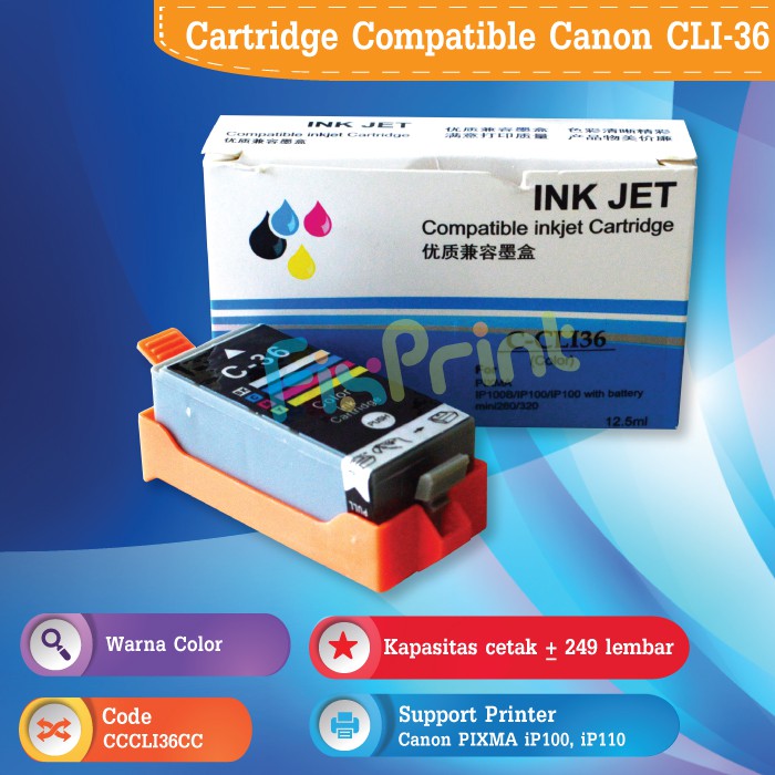 Cartridge Tinta Compatible Canon Plus Chip CLI-36 CLI36 CLI 36 C-CLI36 CL36 CL 36 Tri-Color