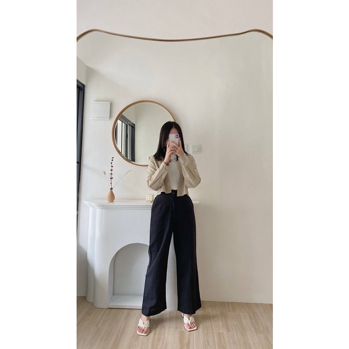 Kimmy Highwaist Cullote Pants  Wide Leg Linen Cullotes  Celana Panjang Linen Kulot Wanita-Black
