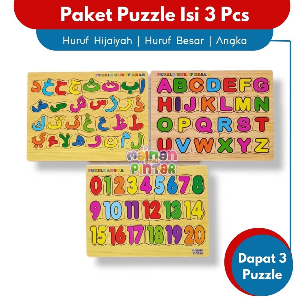 Mainan Edukasi Anak Paket Puzzle Kayu Isi 1/2/3/4 Pcs Huruf Hijaiyah Arab Huruf Besar Kecil Angka 0-20