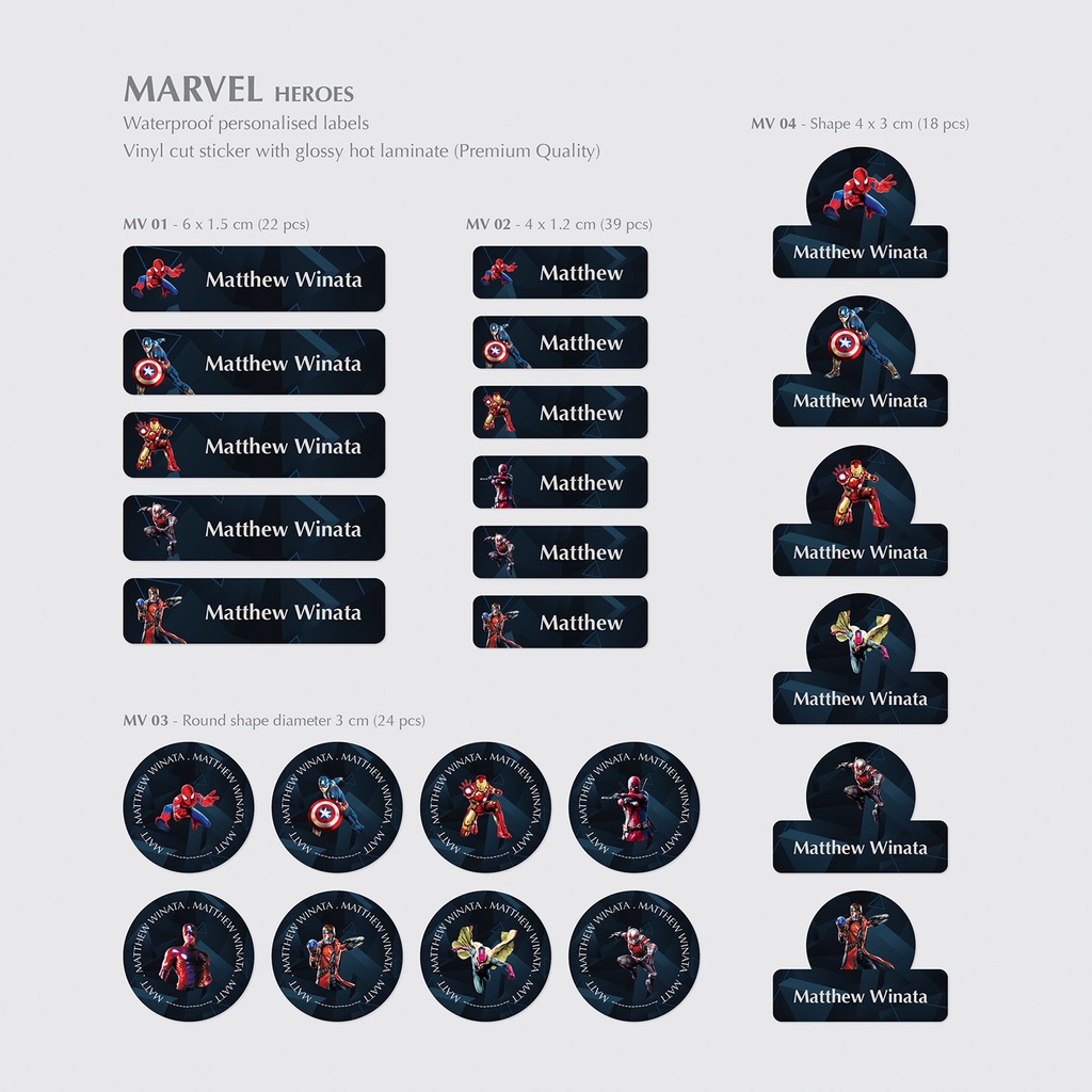 

MARVEL HEROES / LABEL & STIKER NAMA / STICKER VINYL WATERPROOF (TAHAN AIR & ANTI SOBEK), CUTTING, LAMINASI GLOSSY / LABEL NAMA ANAK