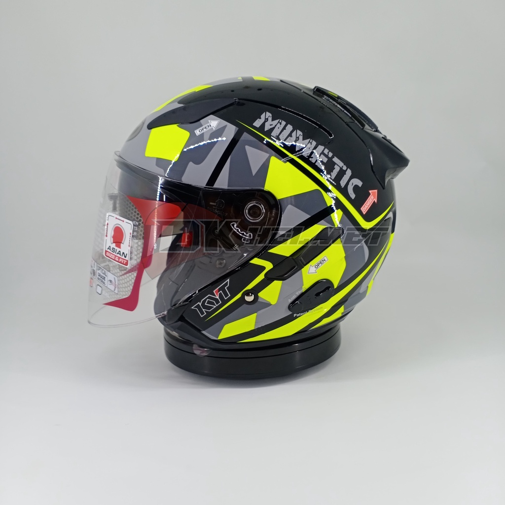 Helm Half Face KYT Galaxy Slide Flat R Mimetic Seri 4 Black Yellow Fluo Double Visor Kuning Hijau St