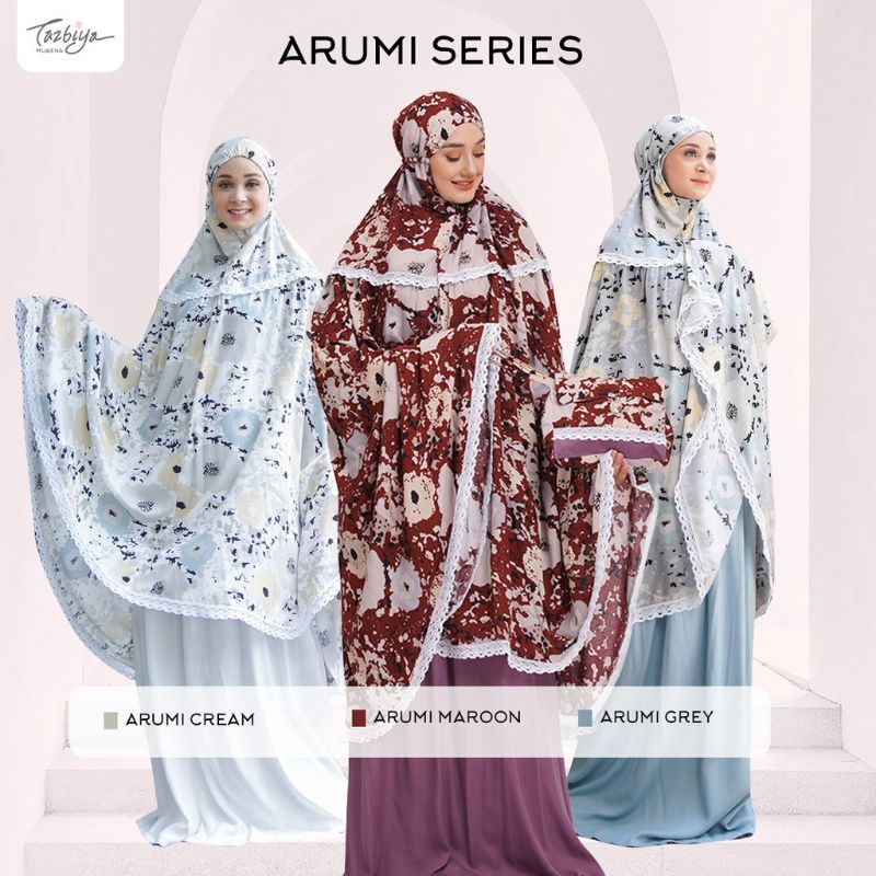 Mukena Tazbiya Arumi Series Grey/Cream/Maroon Jumbo Katun Rayon Adem Motif Cantik