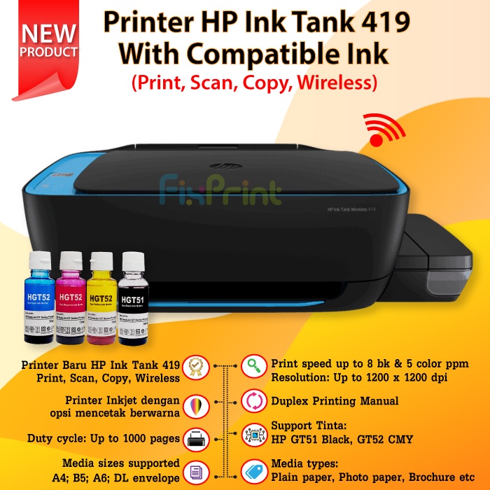 Printer HP Ink Tank 419 Wireless All in One Print Scan Copy New