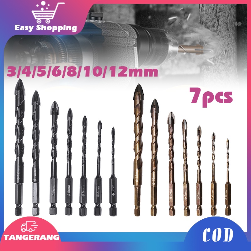 7pcs Mata Bor Cross Hex 3-12mm Cross Hex Tile Drill Bits Set Bor Kaca Granit Ubin Multifungsi