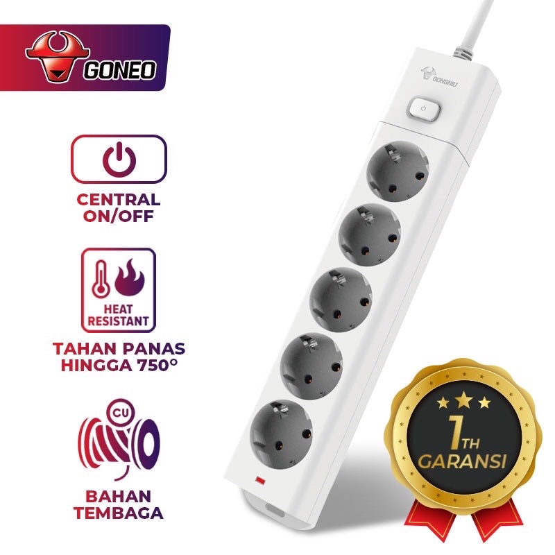 GONEO G1050 Stop Kontak Central On/Off Power Strip 5 Lubang Colokan Gongniu Tahan Panas Dengan Panjang Kabel (1.5m / 3m / 5m)  - Garansi 1 Tahun