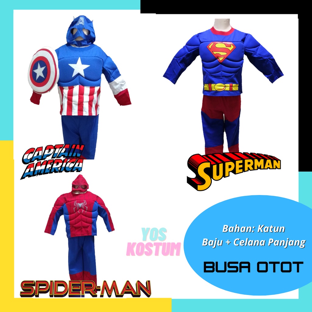 Kostum Anak Superhero Busa Otot Sayap Topeng Captain America Superman Spiderman