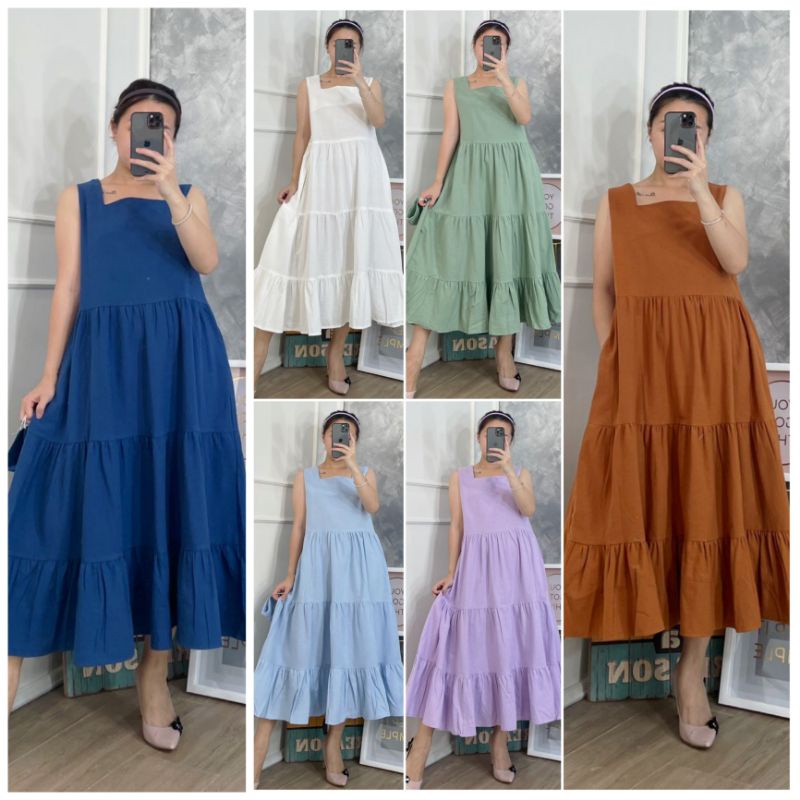 ⚡️ SALE ⚡️ PREMIUM ♡ ORIGINAL ! LIVIANNE VINTAGE LESS SLEEVE TRAP LAYER FLARE MIDI DRESS OVERALL OUTER ( BUMIL &amp; HIJAB FRIENDLY )