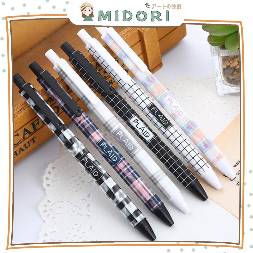 

[MIDORI] 1Pcs PENA RANDOM PLAID Pulpen mekanik 0.5mm Pen Gel Retractable Black Aesthetic Pen - D0035