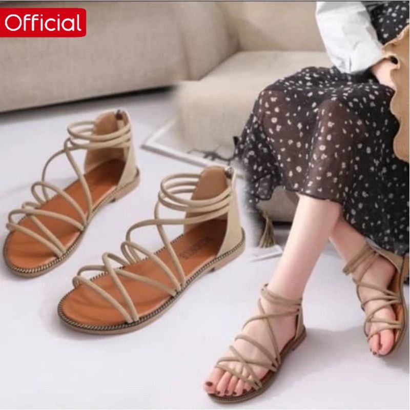 Mh17 Sandal Sendal Wanita Flat Flatshoes Pantai Jelly Teplek Tali Silang Lilit Gladiator Karet Slop