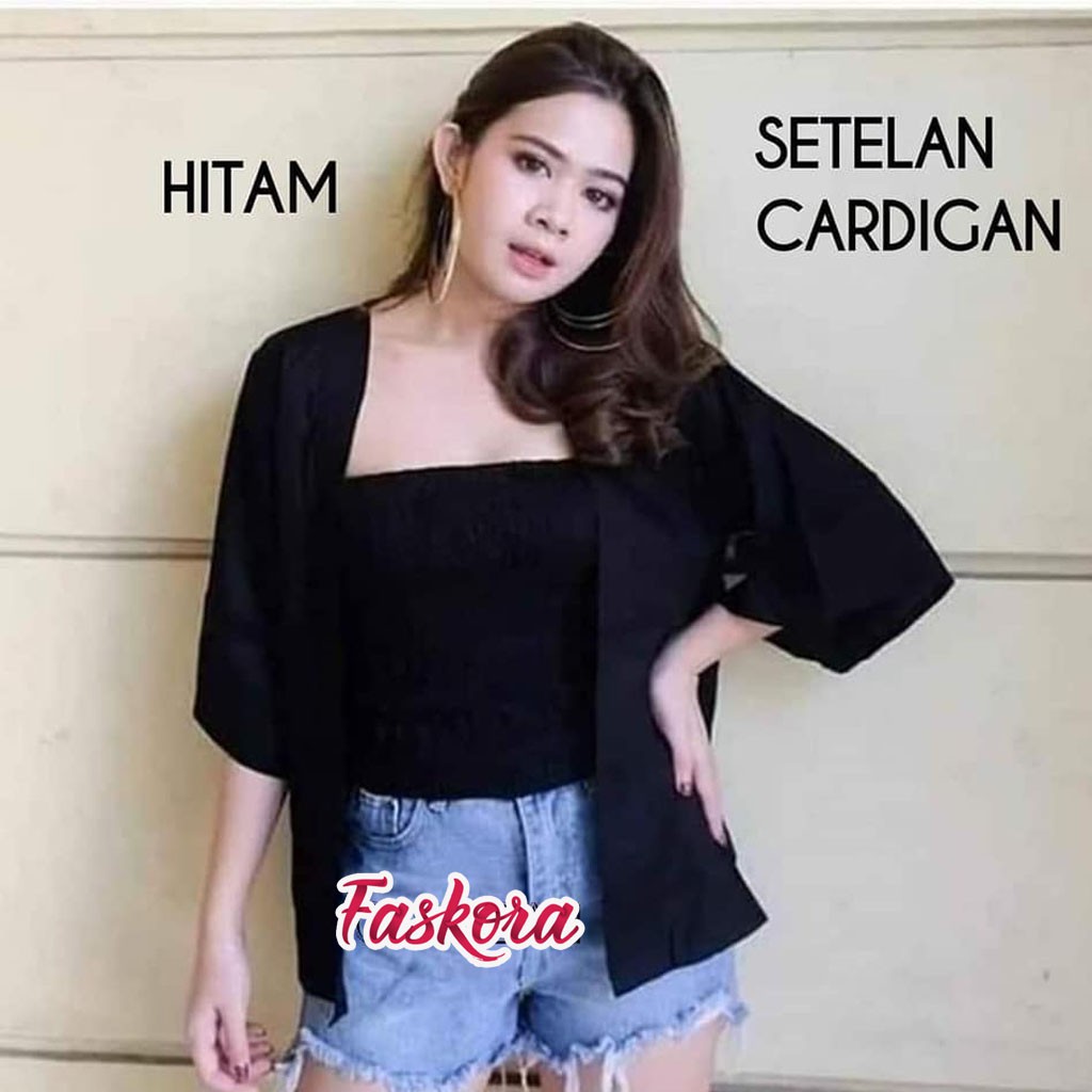 Set Cardigan Kemben Jumbo Kerut Full Karet Bali Polos