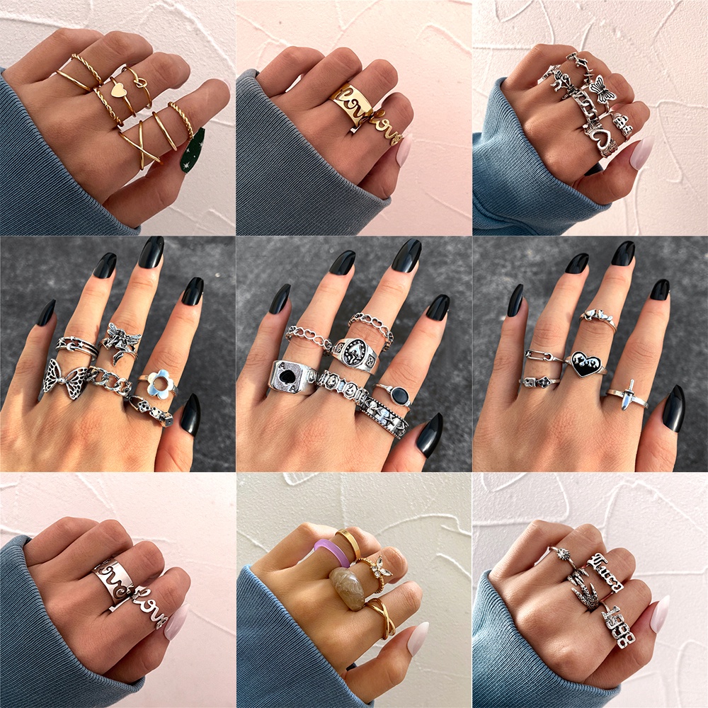 YEEZII Set Cincin Model Hollow Out Butterfly Heart Letter Warna Emas Silver Gaya Retro Untuk Wanita