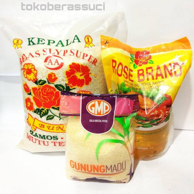 

PAKET SEMBAKO MURAH ( BERAS CAP KEMBANG BUNGA, MINYAK ROSE BRAND , TROPICAL , GULA KEMASAN GMP)k