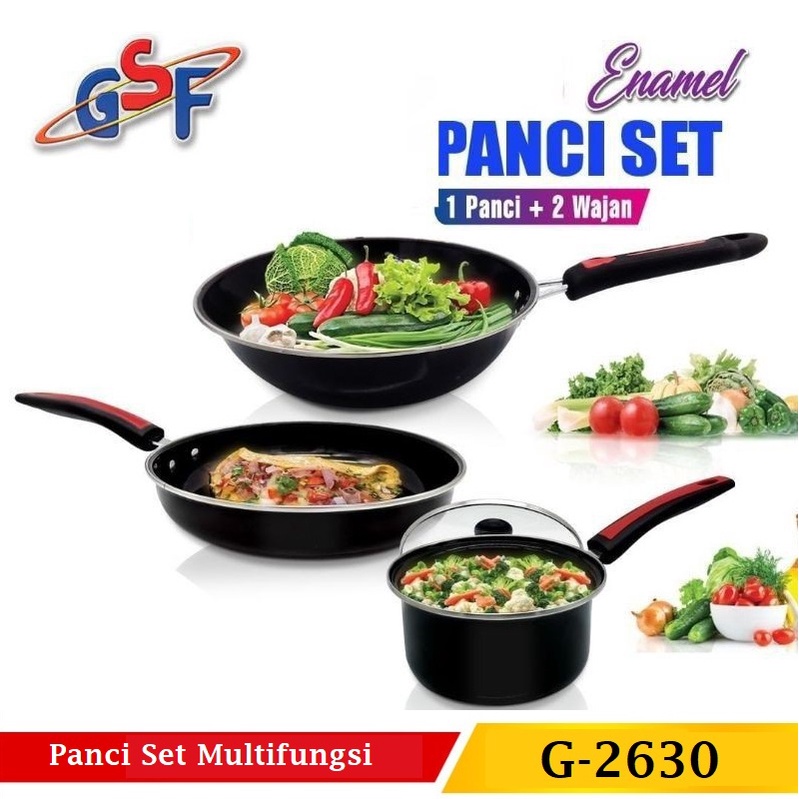 Panci set enamel GSF G-2630 panci serbaguna Panci Set 1panci + 2wajan Enamel anti lengket