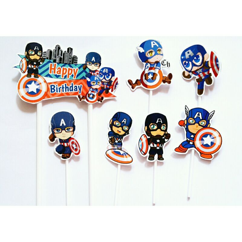 satu set cake topper hiasan kue ulang tahun karakter captain America kapten Amerika