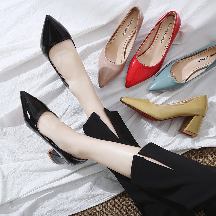 Sepatu chunky heels High Heels Wanita Pointed Toe Warna