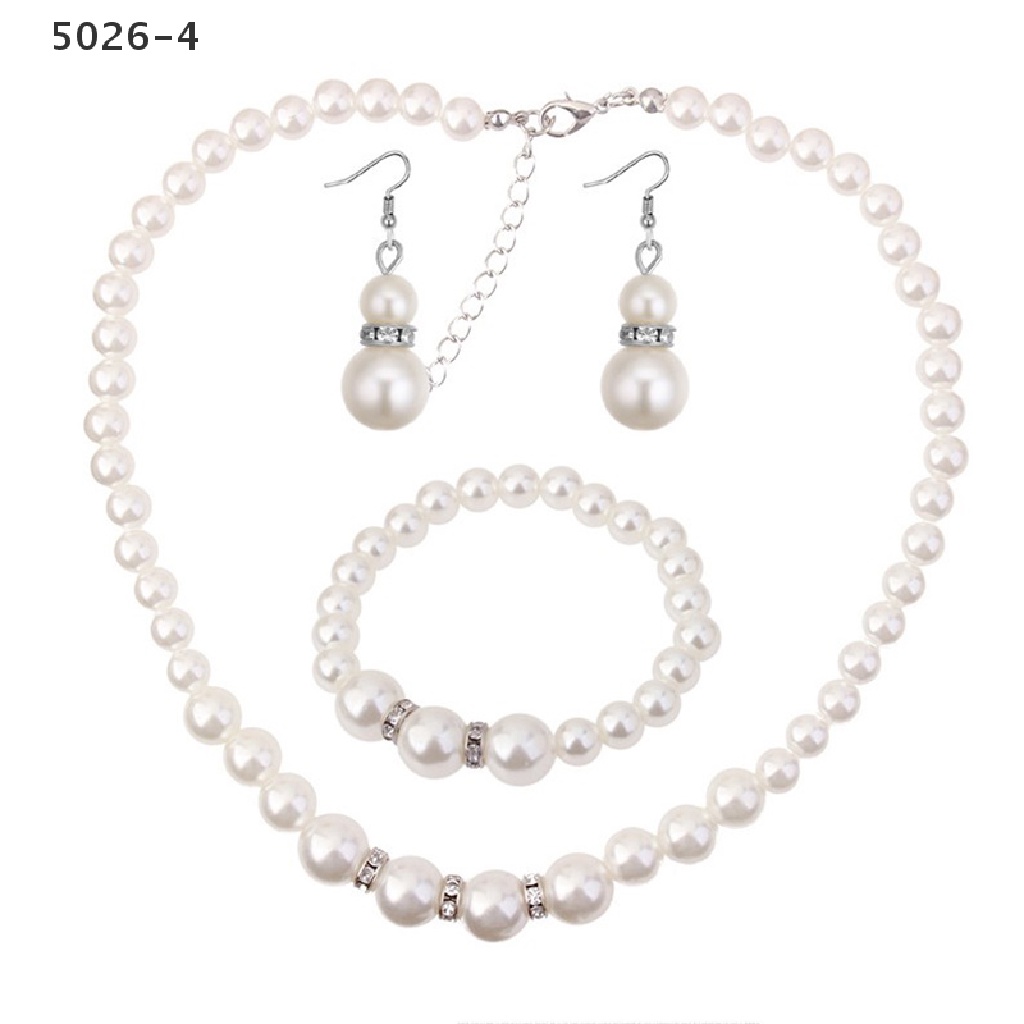 5026-4 Women Crystal Pearl Necklaces Bangles Earrings Wedding Charm Jewelry Set Gift 5026-4