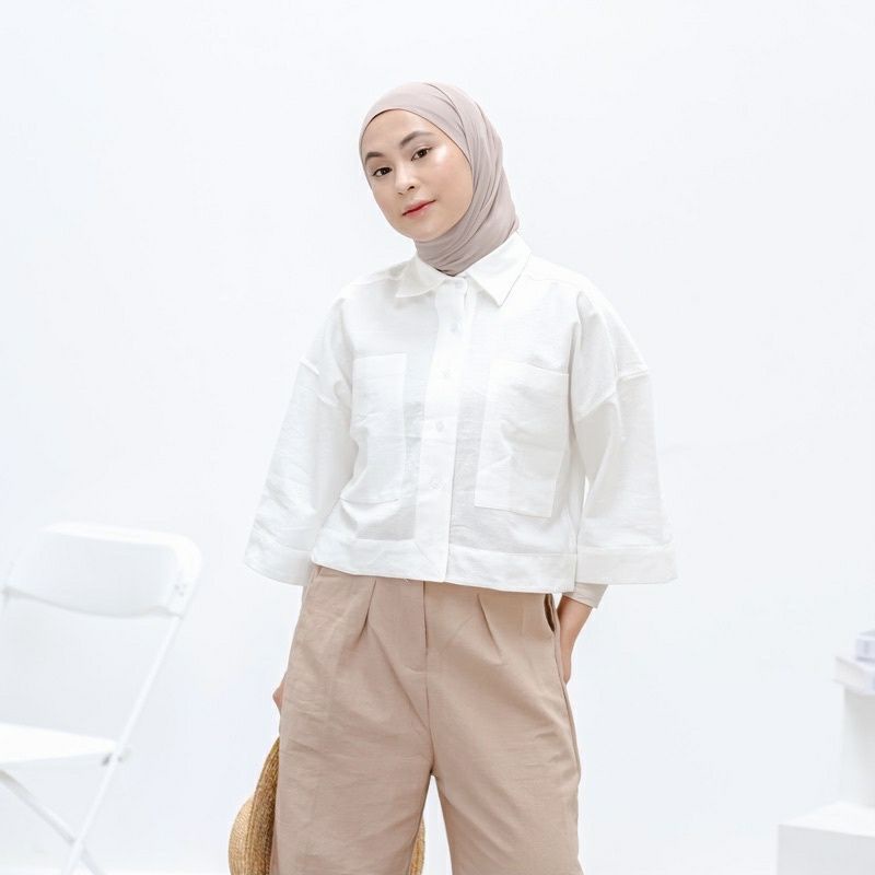 Vira Kemeja Crop Linen Pocket OverSize Shirt Linen Atasan Wanita Jumbo Terbaru Modern Terlaris