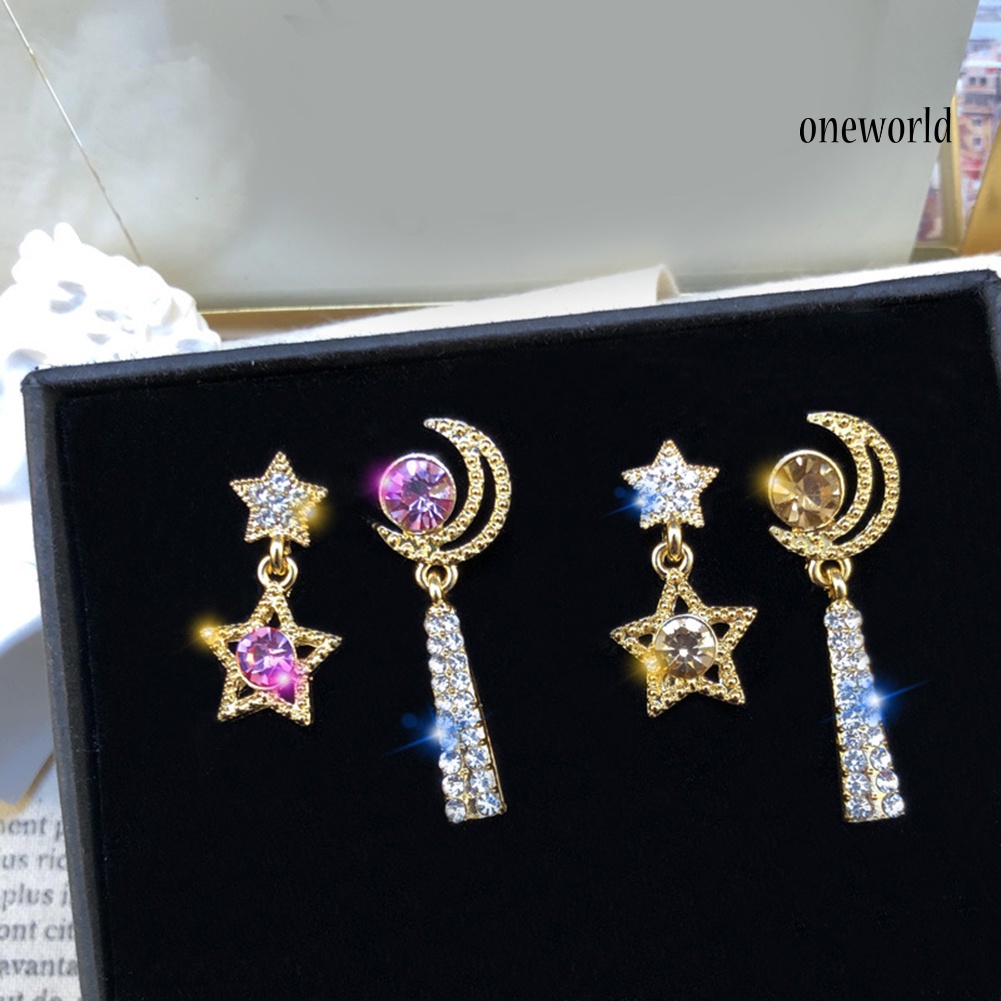 OW# Women Rhinestone Moon Star Asymmetric Dangle Ear Stud Earrings Jewelry Gift