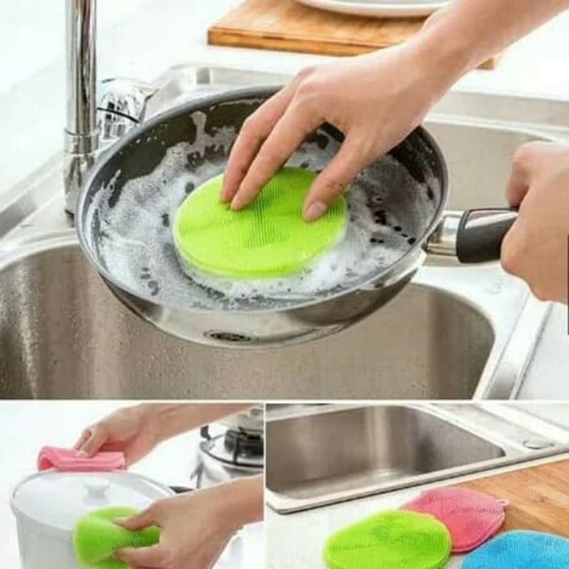 ~ PIYOSHI08 ~ Spon Silikon Cuci Piring BULAT Spons Anti Kuman Bakteri Reusable Sponge PD11