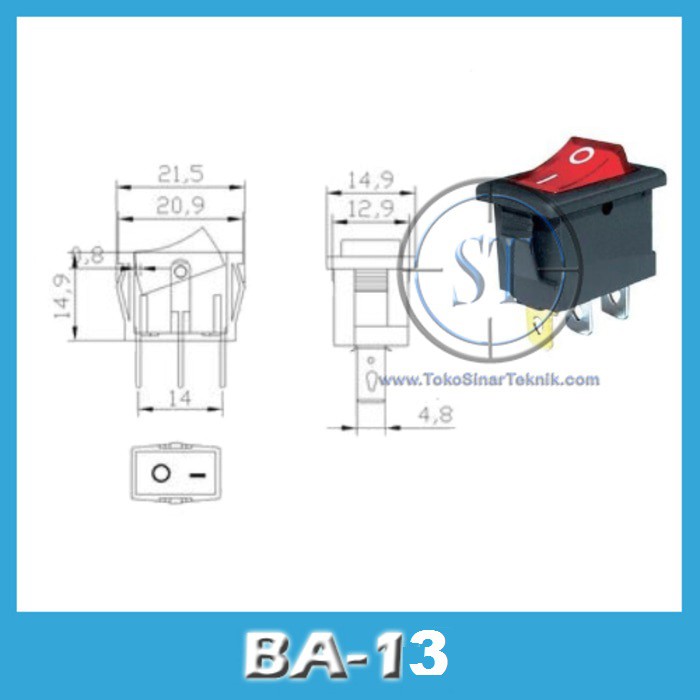 BA-13 Rocker Switch Kotak Saklar Power 3 Pin Plus Lampu 3 Kaki 3p Swit On Off Pencet Hotel Dispenser power Ukuran 15 x21mm