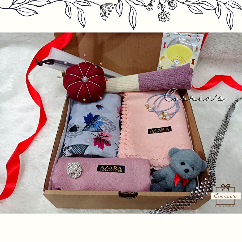 HAMPERS HIJAB GIFT BOX KADO HIJAB SEGI EMPAT GLITTER SYARI, VOAL, MOTIF, INNER, AKSESORIS