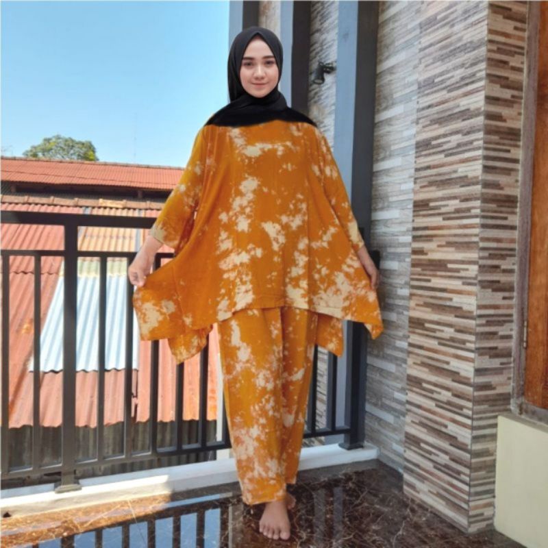 Safari Big Set - One Set Jumbo Waka Waka Setelan Wanita Rayon Batik Tie Dye Premium Set Celana Panjang Bigsize Kekinian LD 125 cm