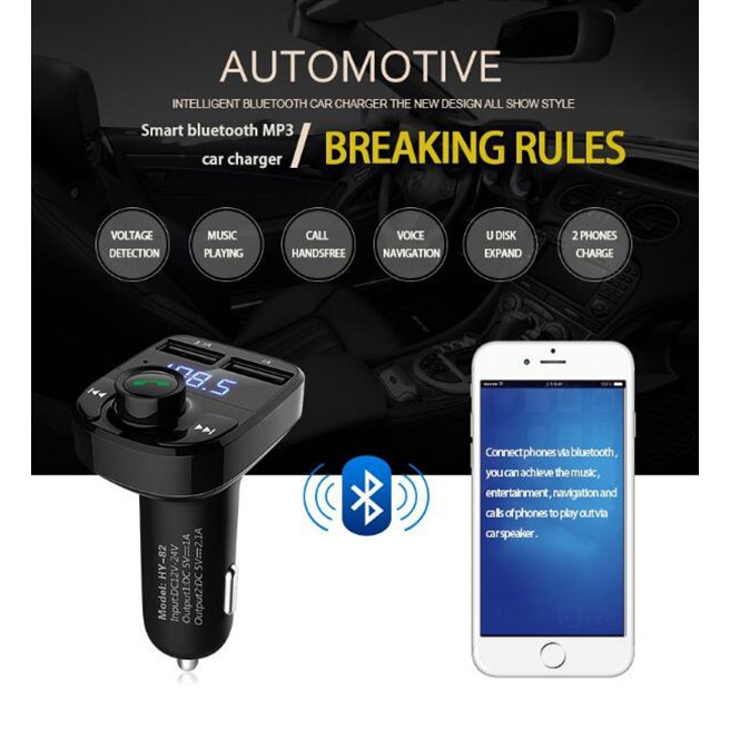 HY-82 Car Bluetooth Hands-Free FM Launcher Car MP3 Dual USB Car Charger