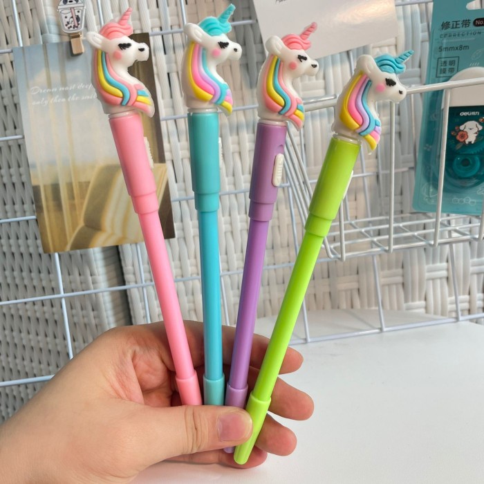 

Diskon Grosiran 4 / 8 / 12 Pcs Lusinan Pen Gel Led Karakter Unicorn Head Lucu Bagus
