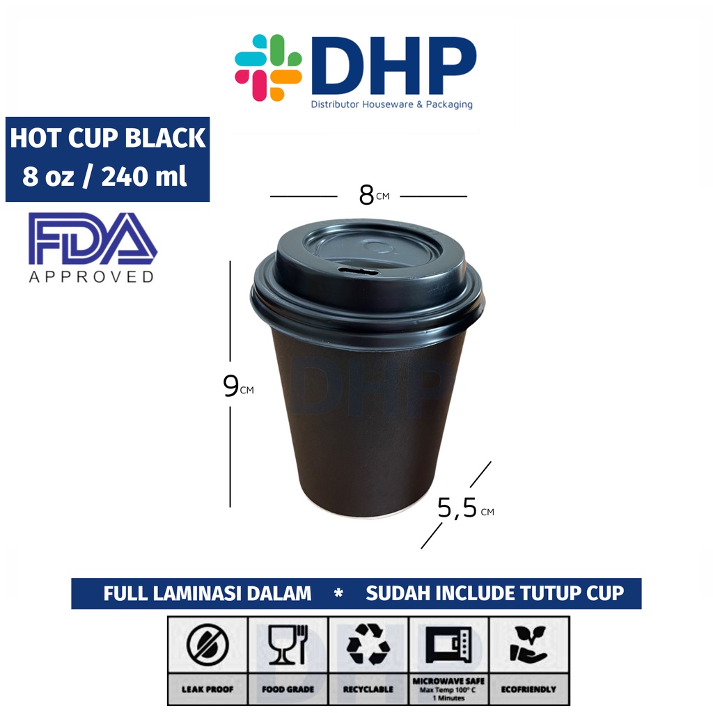 Hot Cup 8 oz (240ml) + TUTUP Paper Gelas Kopi Polos Tahan Panas Anti Bocor (MINIMAL ORDER 50PCS)