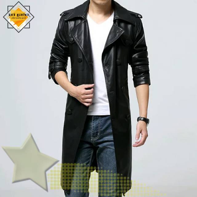 JAKET JAS JUBAH PANJANG KULIT SINTETIS LONG COAT PRIA