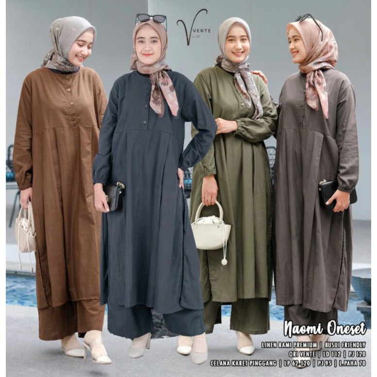 Setelan Wanita Long Tunik Celana Kulot Naomi Oneset Linen Rami Premium Original Vente
