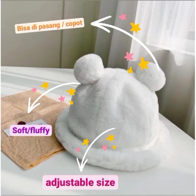 Topi Bucket Bulu Telinga Karakter Animal/fluffy bear bucket hat beruangTopi Bucket Bulu Telinga Halu
