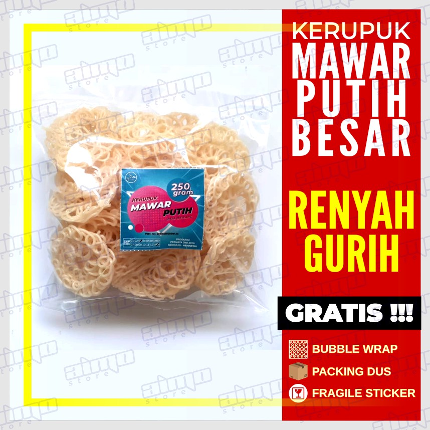 

KERUPUK MAWAR PUTIH BESAR Krupuk Rantai Rasa Bawang Uyel Putih Mentah Super Enak Gurih Renyah Asli Sidoarjo Kemasan 250 gr